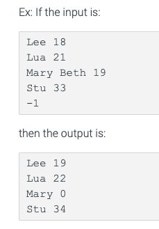 Ex: If the input is:
Lee 18
Lua 21
Mary Beth 19.
Stu 33
-1
then the output is:
Lee 19
Lua 22
Mary 0
Stu 34