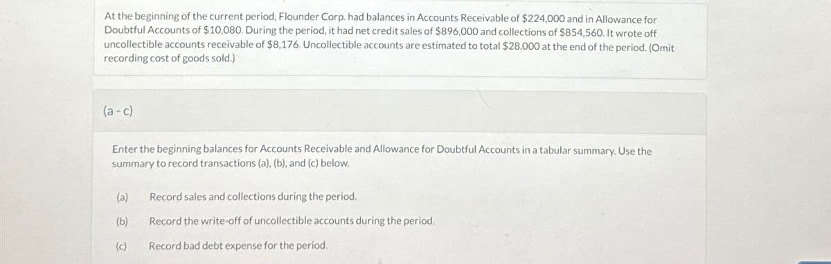 At the beginning of the current period, Flounder Corp. had balances in Accounts Receivable of $224,000 and in Allowance for
Doubtful Accounts of $10,080. During the period, it had net credit sales of $896,000 and collections of $854,560. It wrote off
uncollectible accounts receivable of $8,176. Uncollectible accounts are estimated to total $28,000 at the end of the period. (Omit
recording cost of goods sold.)
(a-c)
Enter the beginning balances for Accounts Receivable and Allowance for Doubtful Accounts in a tabular summary. Use the
summary to record transactions (a), (b), and (c) below.
(a)
Record sales and collections during the period.
(b)
Record the write-off of uncollectible accounts during the period.
(c)
Record bad debt expense for the period.