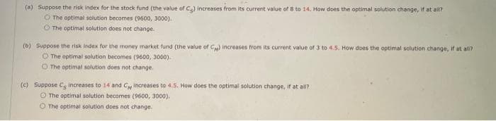 (a) Suppose the risk index for the stock fund (the value of C) increases from its current value of 8 to 14. How does the optimal solution change, if at all?
O The optimal solution becomes (9600, 3000).
O The optimal solution does not change.
(b) Suppose the risk index for the money market fund (the value of Cu) increases from its current value of 3 to 4.5. How does the optimal solution change, if at all?
O The optimal solution becomes (9600, 3000).
O The optimal solution does not change.
(c) Suppose C, increases to 14 and Cy increases to 4.5. How does the optimal solution change, if at all?
O The optimal solution becomes (9600, 3000).
O The optimal solution does not change.
