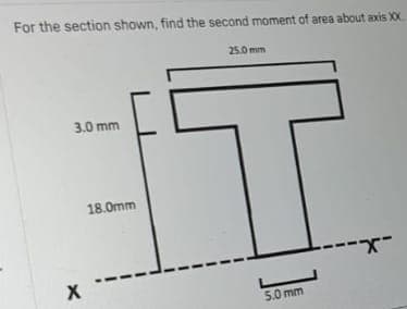 For the section shown, find the second moment of area about axis XX
25.0 mm
3.0 mm
18.0mm
5.0 mm

