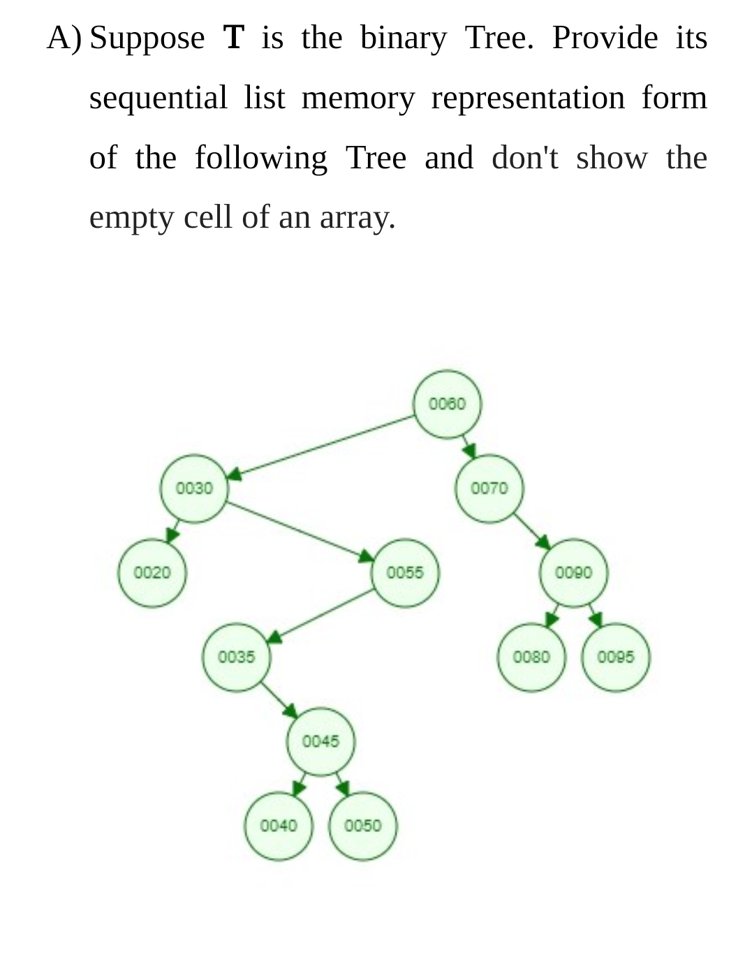 A) Suppose T is the binary Tree. Provide its
sequential list memory representation form
of the following Tree and don't show the
empty cell of an array.
0080
0030
0070
0020
0055
0090
0035
0080
0095
0045
0040
0050
