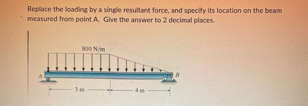 Replace the loading by a single resultant force, and specify its location on the beam
measured from point A. Give the answer to 2 decimal places.
800 N/m
3 m
4 m
B