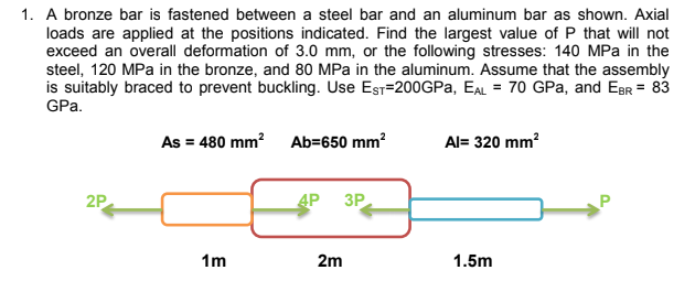 1. A bronze bar is fastened between a steel bar and an aluminum bar as shown. Axial
loads are applied at the positions indicated. Find the largest value of P that will not
exceed an overall deformation of 3.0 mm, or the following stresses: 140 MPa in the
steel, 120 MPa in the bronze, and 80 MPa in the aluminum. Assume that the assembly
is suitably braced to prevent buckling. Use EsT=200GPA, EAL = 70 GPa, and EBr = 83
GPa.
As = 480 mm? Ab=650 mm?
Al= 320 mm?
2P
4P
3P
1m
2m
1.5m
