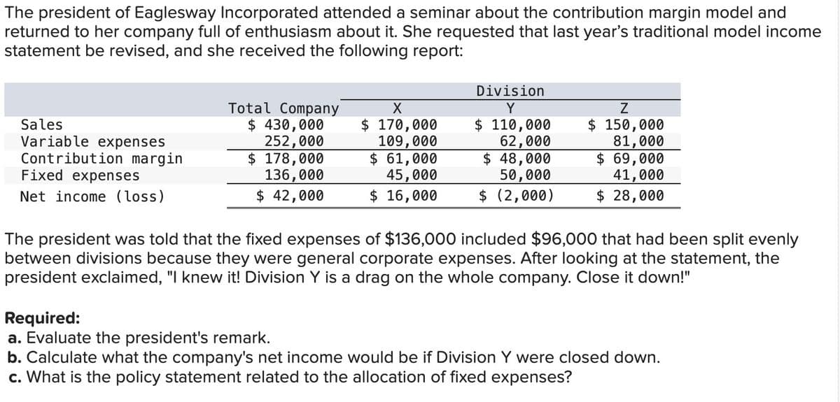 The president of Eaglesway Incorporated attended a seminar about the contribution margin model and
returned to her company full of enthusiasm about it. She requested that last year's traditional model income
statement be revised, and she received the following report:
Sales
Variable expenses
Contribution margin
Fixed expenses
Net income (loss)
Total Company
$430,000
252,000
$ 178,000
136,000
$ 42,000
X
$ 170,000
109,000
$ 61,000
45,000
$ 16,000
Division
Y
$ 110,000
62,000
$ 48,000
50,000
$ (2,000)
Z
$ 150,000
81,000
$ 69,000
41,000
$ 28,000
The president was told that the fixed expenses of $136,000 included $96,000 that had been split evenly
between divisions because they were general corporate expenses. After looking at the statement, the
president exclaimed, "I knew it! Division Y is a drag on the whole company. Close it down!"
Required:
a. Evaluate the president's remark.
b. Calculate what the company's net income would be if Division Y were closed down.
c. What is the policy statement related to the allocation of fixed expenses?