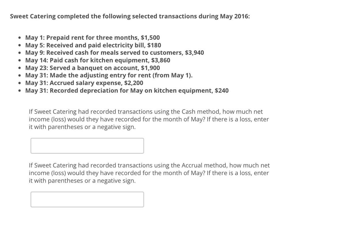 Sweet Catering completed the following selected transactions during May 2016:
• May 1: Prepaid rent for three months, $1,500
●
May 5: Received and paid electricity bill, $180
May 9: Received cash for meals served to customers, $3,940
●
●
May 14: Paid cash for kitchen equipment, $3,860
• May 23: Served a banquet on account, $1,900
• May 31: Made the adjusting entry for rent (from May 1).
●
May 31: Accrued salary expense, $2,200
• May 31: Recorded depreciation for May on kitchen equipment, $240
If Sweet Catering had recorded transactions using the Cash method, how much net
income (loss) would they have recorded for the month of May? If there is a loss, enter
it with parentheses or a negative sign.
If Sweet Catering had recorded transactions using the Accrual method, how much net
income (loss) would they have recorded for the month of May? If there is a loss, enter
it with parentheses or a negative sign.