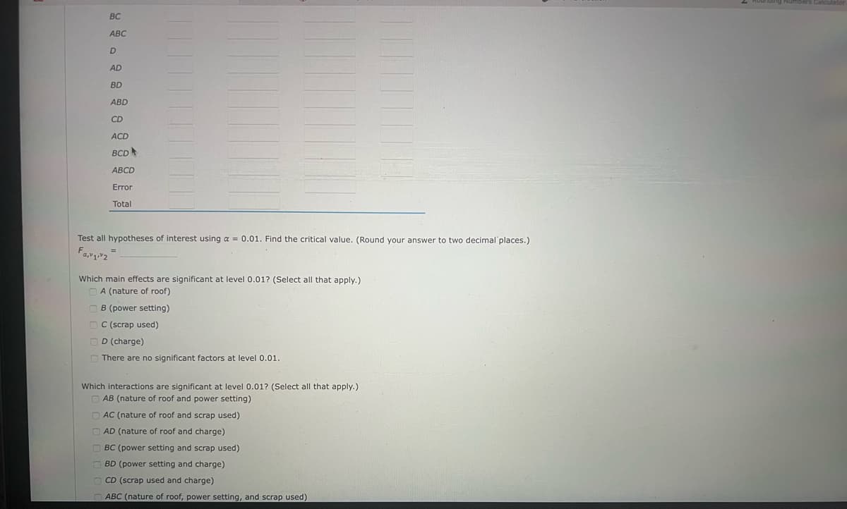 BC
ABC
D
AD
BD
ABD
CD
ACD
BCD
ABCD
Error
Total
Test all hypotheses of interest using a = 0.01. Find the critical value. (Round your answer to two decimal places.)
F₁2
=
Which main effects are significant at level 0.01? (Select all that apply.)
A (nature of roof)
B (power setting)
OC (scrap used)
D (charge)
There are no significant factors at level 0.01.
Which interactions are significant at level 0.01? (Select all that apply.)
AB (nature of roof and power setting)
AC (nature of roof and scrap used)
AD (nature of roof and charge)
BC (power setting and scrap used)
BD (power setting and charge)
CD (scrap used and charge)
ABC (nature of roof, power setting, and scrap used)
pers Calculator