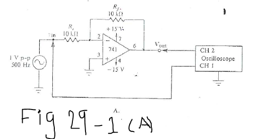 Rg.
10 KE!
R,
10 KI!
4-15
in
741
CH 2
IV p-p
+.
Oscilloscope
CH I
500 Hz
- 15 V
Fig 29-1 CA
