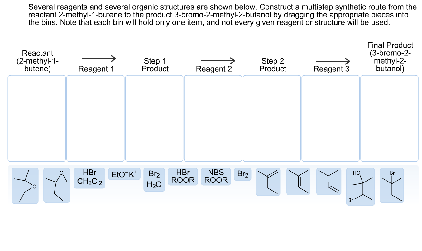 Several reagents and several organic structures are shown below. Construct a multistep synthetic route from the
reactant 2-methyl-1-butene to the product 3-bromo-2-methyl-2-butanol by dragging the appropriate pieces into
the bins. Note that each bin will hold only one item, and not every given reagent or structure will be used.
Final Product
(3-bromo-2-
methyl-2-
butanol)
Reactant
(2-methyl-1-
butene)
Step 1
Product
Step 2
Product
Reagent 1
Reagent 2
Reagent 3
