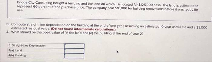 Bridge City Consulting bought a building and the land on which it is located for $125,000 cash. The land is estimated to
represent 60 percent of the purchase price. The company paid $10,000 for building renovations before it was ready for
use.
3. Compute straight-line depreciation on the building at the end of one year, assuming an estimated 10-year useful life and a $3,000
estimated residual value. (Do not round intermediate calculations.)
4. What should be the book value of (a) the land and (b) the building at the end of year 2?
3 Straight-Line Depreciation
4(a). Land
4(b). Building