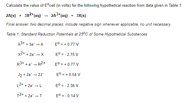 Calculate the value of Eºcell (in volts) for the following hypothetical reaction from data given in Table 1:
2A(s)
3x2+ (aq) 2A3+ (aq)
3X(s)
Final answer: two decimal places; include negative sign whenever applicable; no unit necessary.
Table 1. Standard Reduction Potentials at 25°C of Some Hypothetical Substances
A3+ + 3e → A
Eº = + 0.77 V
x2+ + 2e → X
Eº = -2.75 V
R³+ + e* → R²+
Eº = + 0.77 V
Eº = + 0.54 V
+
J2 +2e → 2J*
L2+ + 2e → L
T2+ + 2e → T
+
Eº = -2.36 V
Eº = -0.14 V