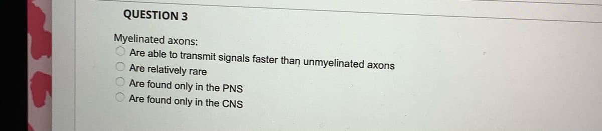 QUESTION 3
Myelinated axons:
O Are able to transmit signals faster than unmyelinated axons
Are relatively rare
Are found only in the PNS
Are found only in the CNS
OOO
