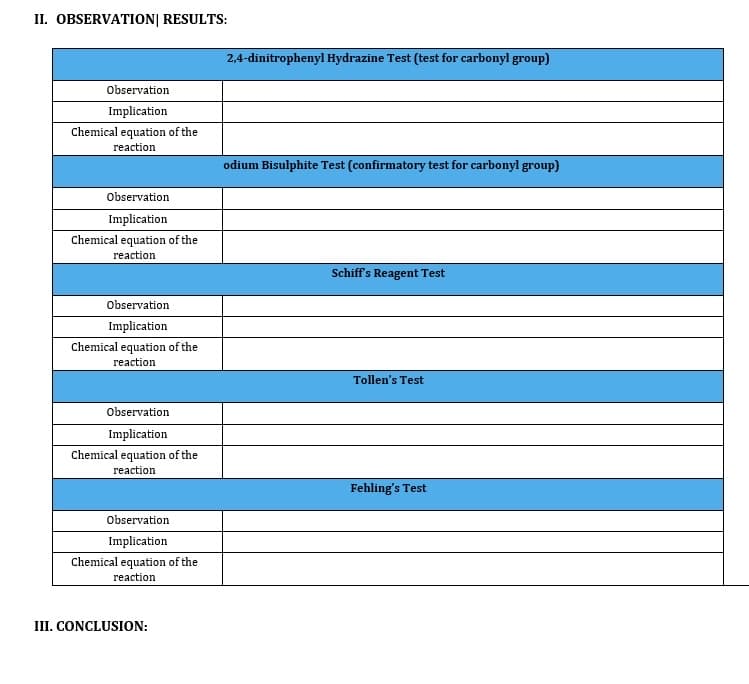II. OBSERVATION RESULTS:
Observation
Implication
Chemical equation of the
reaction
Observation
Implication
Chemical equation of the
reaction
Observation
Implication
Chemical equation of the
reaction
Observation
Implication
Chemical equation of the
reaction
Observation
Implication
Chemical equation of the
reaction
III. CONCLUSION:
2,4-dinitrophenyl Hydrazine Test (test for carbonyl group)
odium Bisulphite Test (confirmatory test for carbonyl group)
Schiff's Reagent Test
Tollen's Test
Fehling's Test