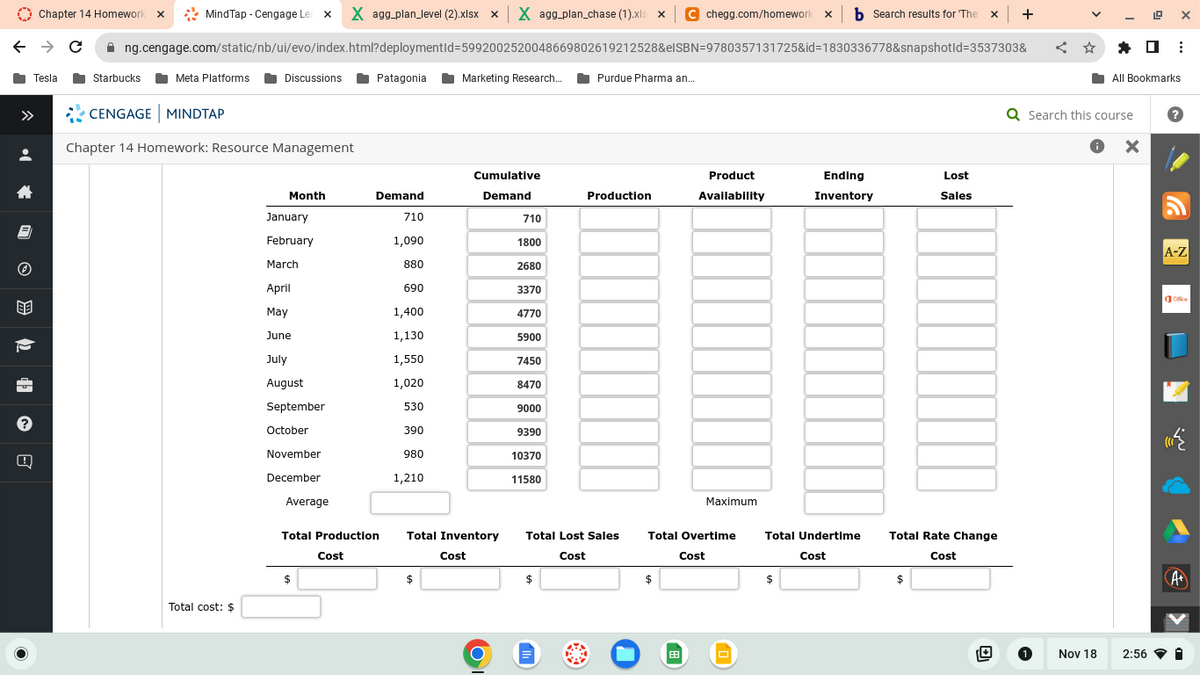 ← → C
»
THE
Chapter 14 Homework x
Tesla
?
MindTap - Cengage Lea XX agg_plan_level (2).xlsx x X agg_plan_chase (1).xls x C chegg.com/homework x b Search results for The x +
9780357131725&id=1830336778&snapshotld-3537303&
✰ng.cengage.com/static/nb/ui/evo/index.html?deploymentid=5992002520048669802619212528&elSBN
Patagonia
Starbucks
Meta Platforms
CENGAGE MINDTAP
Discussions
Chapter 14 Homework: Resource Management
Total cost: $
Month
January
February
March
April
May
June
July
August
September
October
November
December
Average
$
Demand
Cost
710
1,090
880
690
1,400
1,130
1,550
1,020
530
390
980
1,210
Total Production Total Inventory
Cost
Marketing Research...
$
Cumulative
Demand
O
710
1800
2680
3370
4770
5900
7450
8470
9000
9390
10370
11580
Purdue Pharma an....
$
Production
Total Lost Sales
Cost
Product
Availability
$
Maximum
Total Overtime
Cost
O
Ending
Inventory
Total Undertime
Cost
$
Lost
Sales
Total Rate Change
Cost
<✰✰ ⠀
1
Q Search this course
X
All Bookmarks
Nov 18
2:56
?
2
A-Z
Ce
·
A+