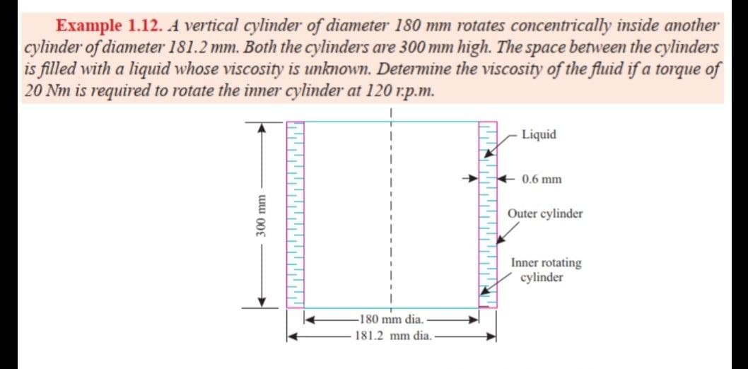 Example 1.12. A vertical cylinder of diameter 180 mm rotates concentrically inside another
cylinder of diameter 181.2 mm. Both the cylinders are 300 mm high. The space between the cylinders
is filled with a liquid whose viscosity is unknown. Determine the viscosity of the fluid if a torque of
20 Nm is required to rotate the inner cylinder at 120 r.p.m.
Liquid
0.6 mm
Outer cylinder
Inner rotating
cylinder
-180 mm dia.
181.2 mm dia.
300 mm
