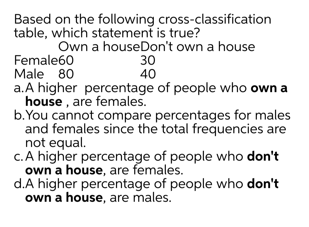 Based on the following cross-classification
table, which statement is true?
Female60
Male 80
Own a houseDon't own a house
30
40
a.A higher percentage of people who own a
house , are females.
b.You cannot compare percentages for males
and females since the total frequencies are
not equal.
c. A higher percentage of people who don't
own a house, are females.
d.A higher percentage of people who don't
own a house, are males.
