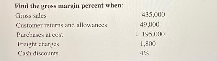 Find the gross margin percent when:
Gross sales
435,000
Customer returns and allowances
49,000
Purchases at cost
I 195,000
Freight charges
1,800
Cash discounts
4%
