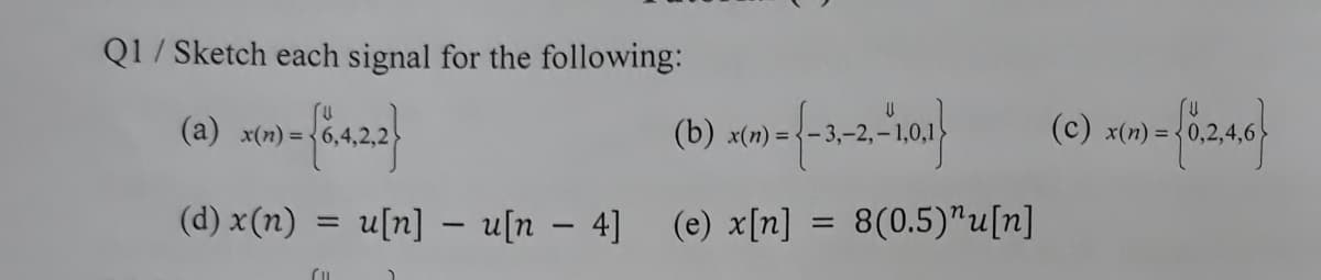 Q1/ Sketch each signal for the following:
(b) x(n) =-
(c) x(n) = -
x(n) =
(d) x(n)
u[n] – u[n – 4]
(e) x[n]
8(0.5)"u[n]
