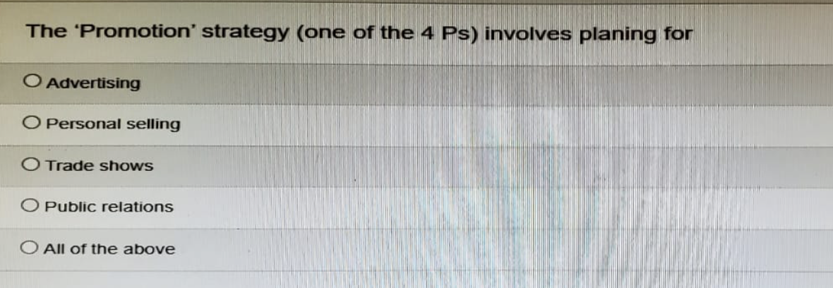 The 'Promotion' strategy (one of the 4 Ps) involves planing for
Advertising
Personal selling
O Trade shows
Public relations
All of the above