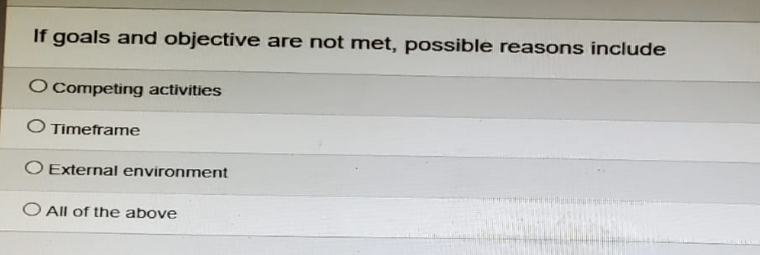 If goals and objective are not met, possible reasons include
Competing activities
O Timeframe
External environment
All of the above