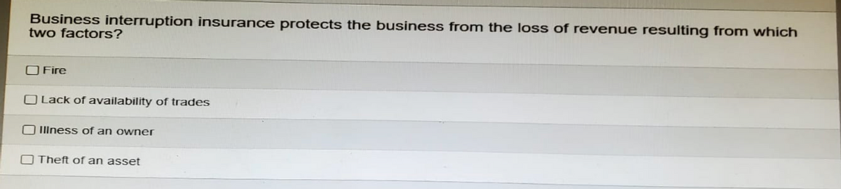 Business interruption insurance protects the business from the loss of revenue resulting from which
two factors?
Fire
Lack of availability of trades
Illness of an owner
Theft of an asset