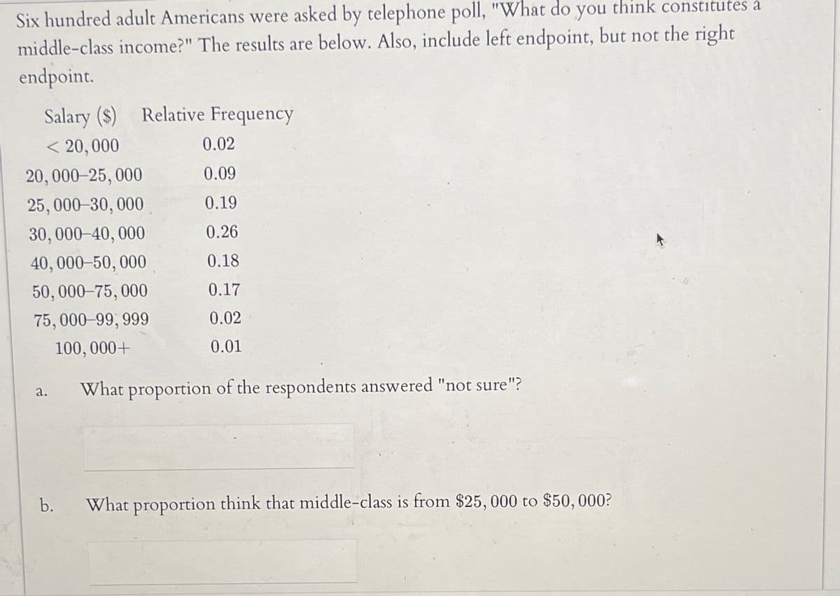 Six hundred adult Americans were asked by telephone poll, "What do you think constitutes a
middle-class income?" The results are below. Also, include left endpoint, but not the right
endpoint.
Salary ($) Relative Frequency
< 20,000
0.02
20,000-25,000
0.09
25,000-30,000
0.19
30,000-40,000
0.26
40,000-50,000
0.18
50,000-75,000
0.17
75,000-99,999
0.02
100,000+
0.01
a.
What proportion of the respondents answered "not sure"?
b.
What proportion think that middle-class is from $25,000 to $50,000?