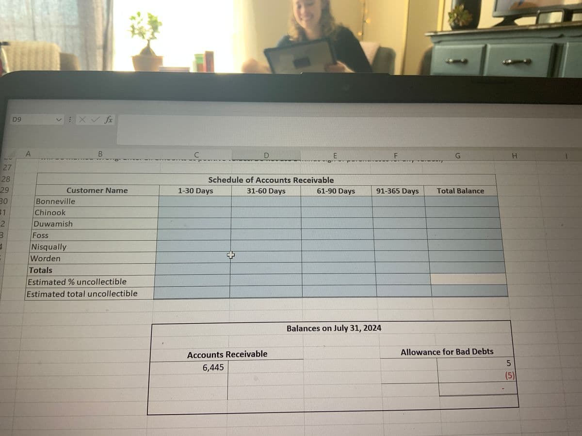 27
28
29
30
31
2
3
1
D9
A
>
X✓ fx
Bonneville
Chinook
Duwamish
B
Customer Name
Foss
Nisqually
Worden
Totals
Estimated % uncollectible
Estimated total uncollectible
C
D
1-30 Days
S
Schedule of Accounts Receivable
31-60 Days
Accounts Receivable
6,445
E
61-90 Days
F
91-365 Days
Balances on July 31, 2024
G
Total Balance
Allowance for Bad Debts
H
5
(5)