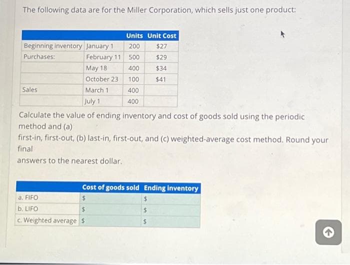 The following data are for the Miller Corporation, which sells just one product:
Beginning inventory January 1
Purchases:
February 11
May 18
October 23
March 1
July 1
Calculate the value of ending inventory and cost of goods sold using the periodic
method and (a)
first-in, first-out, (b) last-in, first-out, and (c) weighted-average cost method. Round your
final
answers to the nearest dollar.
Sales
Units Unit Cost
200
a. FIFO
b. LIFO
c. Weighted average $
500
400
100
400
400
Cost of goods sold Ending inventory
$
$27
$29
$34
$41
$