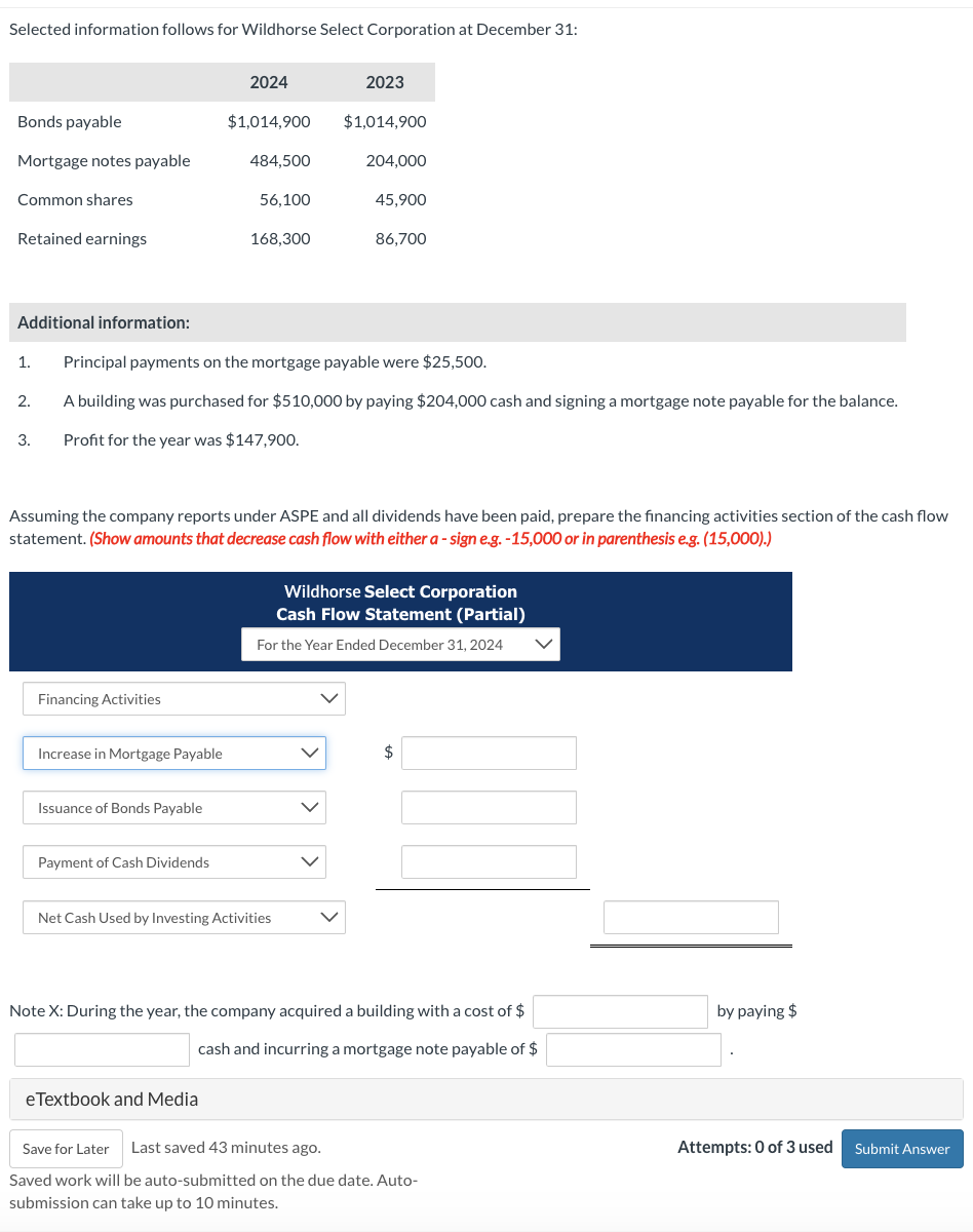 Selected information follows for Wildhorse Select Corporation at December 31:
Bonds payable
Mortgage notes payable
Common shares
Retained earnings
Additional information:
1.
2.
3.
Financing Activities
Increase in Mortgage Payable
Issuance of Bonds Payable
2024
Payment of Cash Dividends
$1,014,900
484,500
56,100
eTextbook and Media
168,300
Principal payments on the mortgage payable were $25,500.
A building was purchased for $510,000 by paying $204,000 cash and signing a mortgage note payable for the balance.
Profit for the year was $147,900.
2023
Assuming the company reports under ASPE and all dividends have been paid, prepare the financing activities section of the cash flow
statement. (Show amounts that decrease cash flow with either a-sign e.g. -15,000 or in parenthesis e.g. (15,000).)
$1,014,900
Net Cash Used by Investing Activities
204,000
45,900
86,700
Wildhorse Select Corporation
Cash Flow Statement (Partial)
For the Year Ended December 31, 2024
Note X: During the year, the company acquired a building with a cost of $
cash and incurring a mortgage note payable of $
Save for Later Last saved 43 minutes ago.
Saved work will be auto-submitted on the due date. Auto-
submission can take up to 10 minutes.
by paying $
Attempts: 0 of 3 used Submit Answer