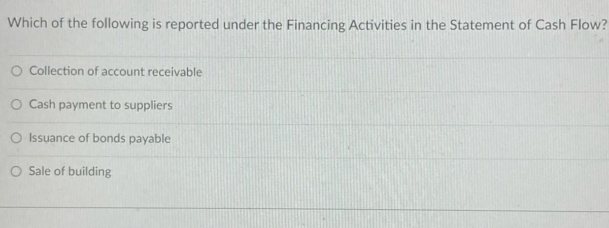 Which of the following is reported under the Financing Activities in the Statement of Cash Flow?
O Collection of account receivable
O Cash payment to suppliers
Issuance of bonds payable
O Sale of building
