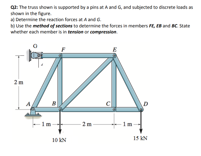 Q2: The truss shown is supported by a pins at A and G, and subjected to discrete loads as
shown in the figure.
a) Determine the reaction forces at A and G.
b) Use the method of sections to determine the forces in members FE, EB and BC. State
whether each member is in tension or compression.
G
F
E
2 m
A
B
C
D
- 1 m
2 m
1 m
10 kN
15 kN
