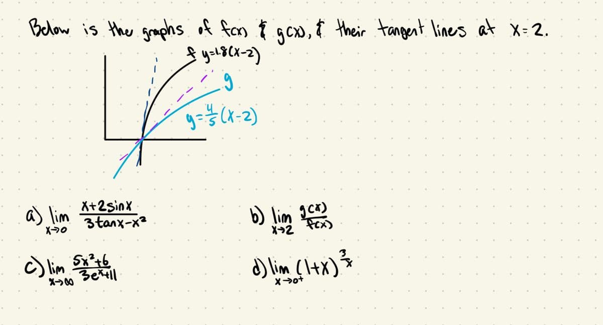 Below is the graphs of fox & gcx), & their tangent lines at x=2.
fy=1.8(x-2)
9.
9 = =+ / (x-2)
a) lim
X-70
X+2sinx
3tanx-xa
c) lim 5x²+6
Bettll
X->8
b) lim ger)
fox)
X→2
d) lim (1+x) ²
x →>0+