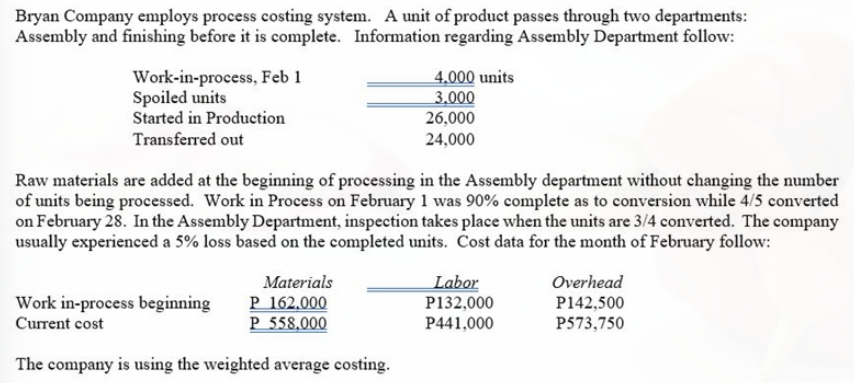 Bryan Company employs process costing system. A unit of product passes through two departments:
Assembly and finishing before it is complete. Information regarding Assembly Department follow:
Work-in-process, Feb 1
Spoiled units
Started in Production
4,000 units
3.000
26,000
Transferred out
24,000
Raw materials are added at the beginning of processing in the Assembly department without changing the number
of units being processed. Work in Process on February 1 was 90% complete as to conversion while 4/5 converted
on February 28. In the Assembly Department, inspection takes place when the units are 3/4 converted. The company
usually experienced a 5% loss based on the completed units. Cost data for the month of February follow:
Materials
Labor
P132,000
P441,000
Overhead
Work in-process beginning
Current cost
P 162,000
P 558,000
P142,500
P573,750
The company is using the weighted average costing.
