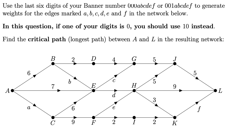 Use the last six digits of your Banner number 000abcdef or 001abcdef to generate
weights for the edges marked a, b, c, d, e and f in the network below.
In this question, if one of your digits is 0, you should use 10 instead.
Find the critical path (longest path) between A and L in the resulting network:
A+
6
B
7
2
b
to to
D
E
F
d
2
G
H
5
5
3
2
9
K
L