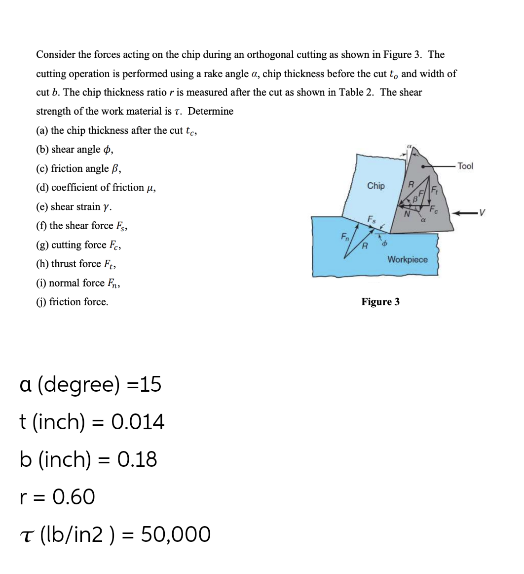 Consider the forces acting on the chip during an orthogonal cutting as shown in Figure 3. The
cutting operation is performed using a rake angle a, chip thickness before the cut to and width of
cut b. The chip thickness ratio r is measured after the cut as shown in Table 2. The shear
strength of the work material is t. Determine
(a) the chip thickness after the cut tc,
(b) shear angle p,
(c) friction angle ß,
Tool
(d) coefficient of friction u,
Chip
(e) shear strain y.
Fs
(f) the shear force F,
(g) cutting force F,
Fn
R.
(h) thrust force F;,
Workpiece
(i) normal force Fn,
(i) friction force.
Figure 3
a (degree) =15
t (inch) = 0.014
b (inch) = 0.18
r = 0.60
T (lb/in2 ) = 50,000
