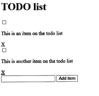 TODO list
This is an item on the todo list
X
This is another item on the todo list
X
Add item