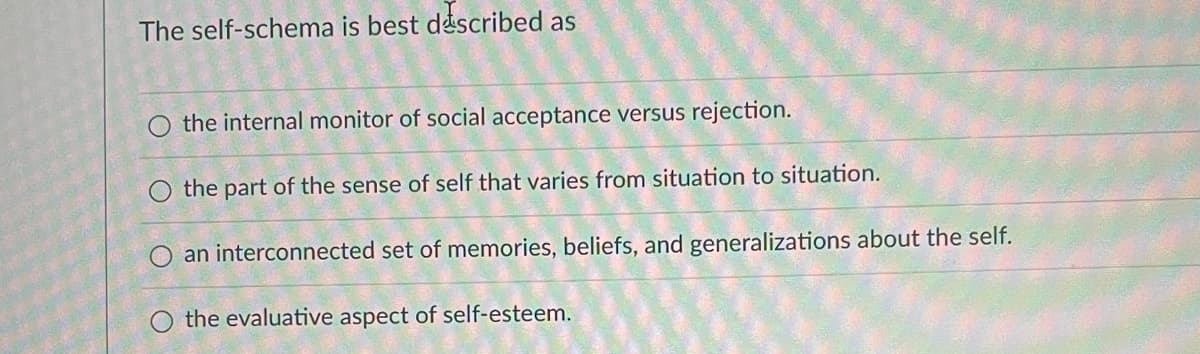 The self-schema is best described as
O the internal monitor of social acceptance versus rejection.
the part of the sense of self that varies from situation to situation.
O an interconnected set of memories, beliefs, and generalizations about the self.
the evaluative aspect of self-esteem.