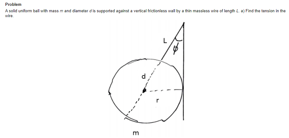 Problem
A solid uniform ball with mass m and diameter d is supported against a vertical frictionless wall by a thin massless wire of length L. a) Find the tension in the
wire.
L
r
m
