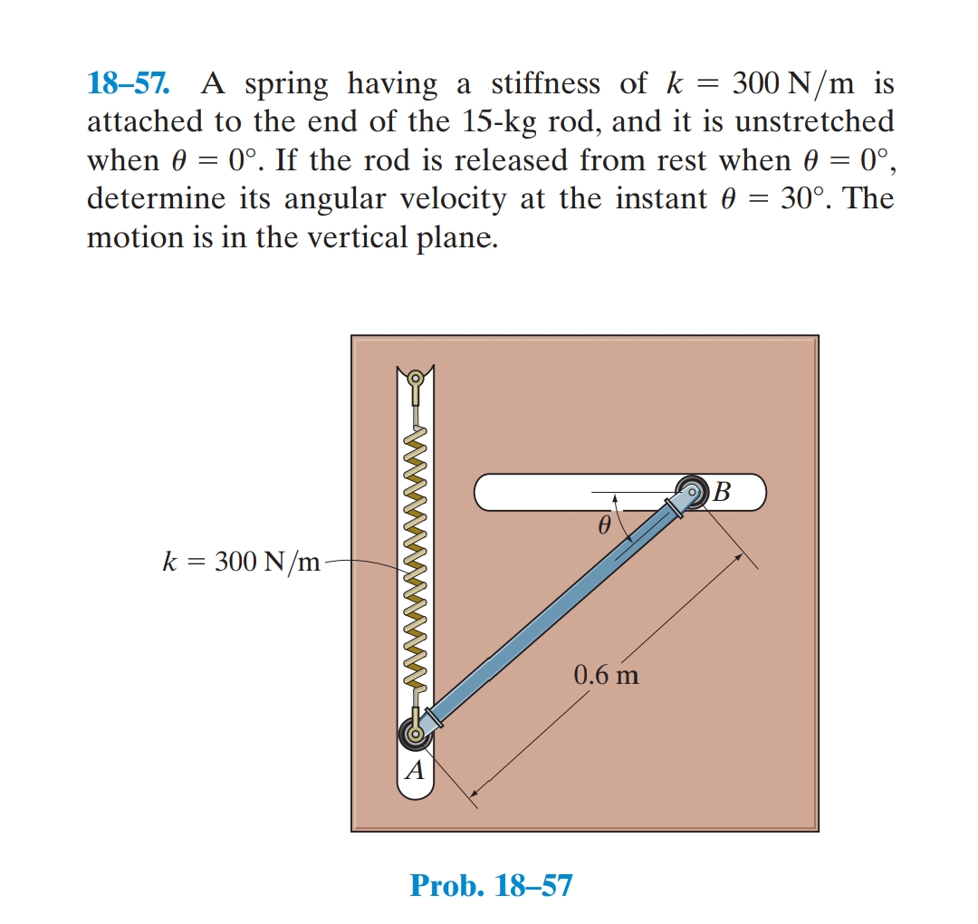 =
18-57. A spring having a stiffness of k 300 N/m is
attached to the end of the 15-kg rod, and it is unstretched
when 0 = 0°. If the rod is released from rest when 0 = 0°,
determine its angular velocity at the instant 0 = 30°. The
motion is in the vertical plane.
k = 300 N/m
0
0.6 m
Prob. 18-57
B