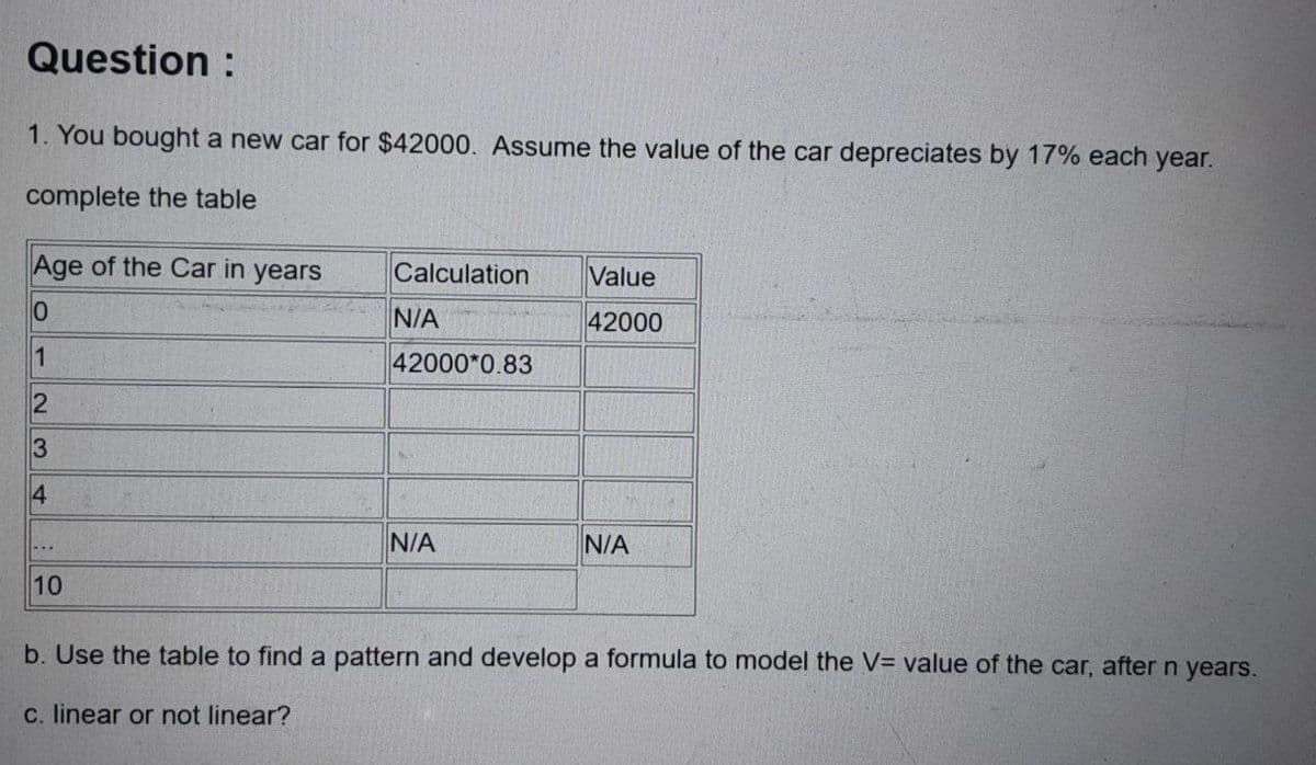 Question :
1. You bought a new car for $42000. Assume the value of the car depreciates by 17% each year.
complete the table
Age of the Car in years
0
1
2
3
4
10
Calculation Value
42000
N/A
42000*0.83
N/A
N/A
b. Use the table to find a pattern and develop a formula to model the V= value of the car, after n years.
c. linear or not linear?