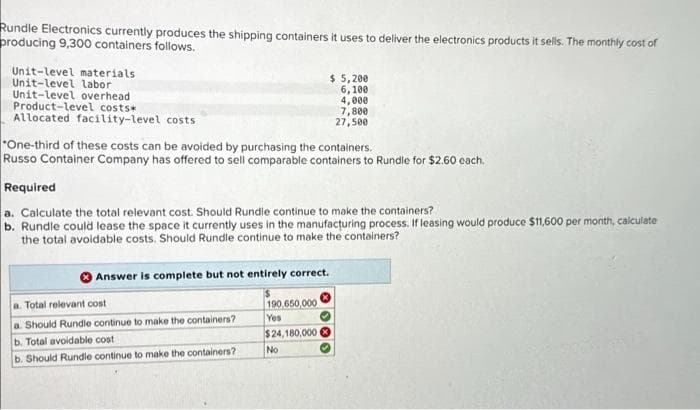Rundle Electronics currently produces the shipping containers it uses to deliver the electronics products it sells. The monthly cost of
producing 9,300 containers follows.
Unit-level materials.
Unit-level labor
Unit-level overhead
Product-level costs*
Allocated facility-level costs
One-third of these costs can be avoided by purchasing the containers.
Russo Container Company has offered to sell comparable containers to Rundle for $2.60 each.
Required
a. Calculate the total relevant cost. Should Rundle continue to make the containers?
b. Rundle could lease the space it currently uses in the manufacturing process. If leasing would produce $11,600 per month, calculate
the total avoidable costs. Should Rundle continue to make the containers?
Answer is complete but not entirely correct.
$
a. Total relevant cost
a. Should Rundle continue to make the containers?
b. Total avoidable cost
b. Should Rundle continue to make the containers?
190.650,000
Yes
$24,180,000
$ 5,200
6,100
4,000
7,800
27,500
No