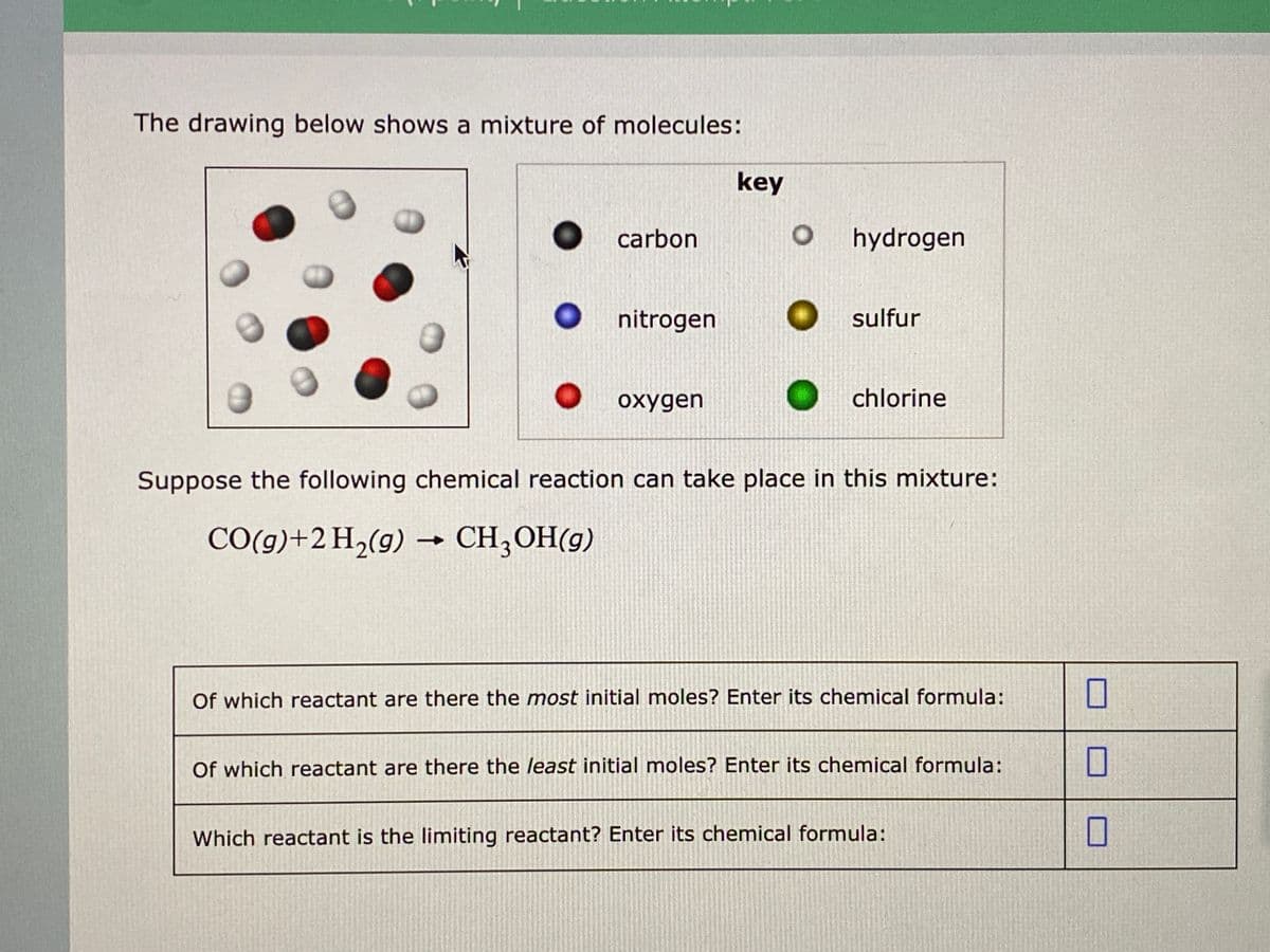 The drawing below shows a mixture of molecules:
key
carbon
hydrogen
nitrogen
sulfur
охудen
chlorine
Suppose the following chemical reaction can take place in this mixture:
CO(g)+2H2(g) → CH,OH(g)
Of which reactant are there the most initial moles? Enter its chemical formula:
Of which reactant are there the least initial moles? Enter its chemical formula:
Which reactant is the limiting reactant? Enter its chemical formula:
