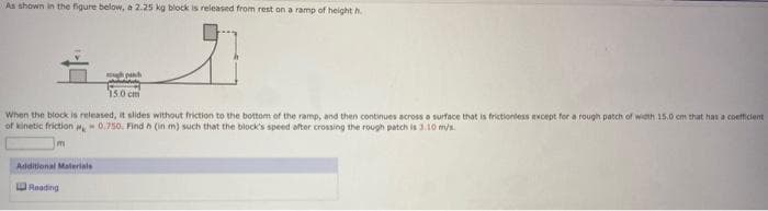 As shown in the figure below, a 2.25 kg block is released from rest on a ramp of height h
When the block is released, it slides without friction to the bottom of the ramp, and then continues across a surface that is frictionless except for a rough patch of width 15.0 cm that has a coefficient
of kinetic friction - 0.750. Find h (in m) such that the block's speed after crossing the rough patch is 3.10 m/s.
Additional Materials
muh puch
mining
15.0 cm
Reading
