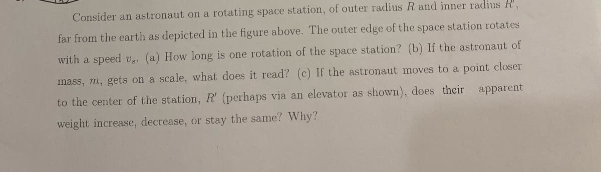 Consider an astronaut on a rotating space station, of outer radius R and inner radius K',
far from the earth as depicted in the figure above. The outer edge of the space station rotates
with a speed vs. (a) How long is one rotation of the space station? (b) If the astronaut of
mass, m, gets on a scale, what does it read? (c) If the astronaut moves to a point closer
apparent
to the center of the station, R' (perhaps via an elevator as shown), does their
weight increase, decrease, or stay the same? Why?