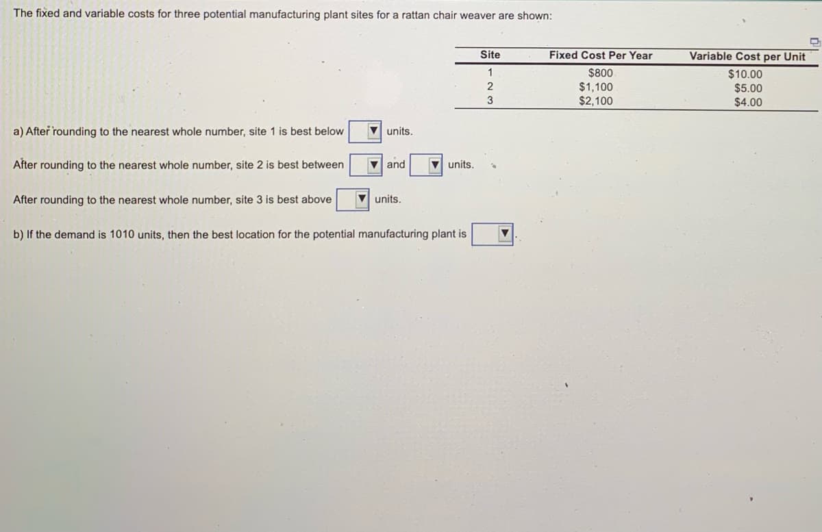 The fixed and variable costs for three potential manufacturing plant sites for a rattan chair weaver are shown:
Site
Fixed Cost Per Year
Variable Cost per Unit
1
$800
$10.00
$5.00
$4.00
$1,100
3
$2,100
a) Afteř rounding to the nearest whole number, site 1 is best below
V units.
After rounding to the nearest whole number, site 2 is best between
V and
V units.
After rounding to the nearest whole number, site 3 is best above
V units.
b) If the demand is 1010 units, then the best location for the potential manufacturing plant is
