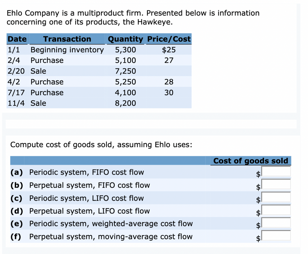 Ehlo Company is a multiproduct firm. Presented below is information
concerning one of its products, the Hawkeye.
Date Transaction Quantity Price/Cost
1/1 Beginning inventory 5,300
$25
2/4 Purchase
5,100
27
7,250
5,250
4,100
8,200
2/20 Sale
4/2 Purchase
7/17 Purchase
11/4 Sale
28
30
Compute cost of goods sold, assuming Ehlo uses:
(a) Periodic system, FIFO cost flow
(b) Perpetual system, FIFO cost flow
(c) Periodic system, LIFO cost flow
(d) Perpetual system, LIFO cost flow
(e) Periodic system, weighted-average cost flow
(f) Perpetual system, moving-average cost flow
Cost of goods sold
tA
LA
ta
LA LA
A