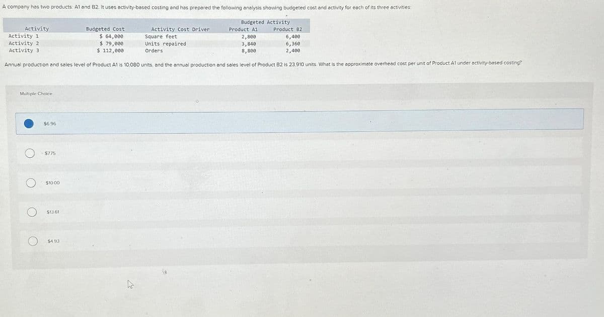 A company has two products: A1 and B2. It uses activity-based costing and has prepared the following analysis showing budgeted cost and activity for each of its three activities:
Budgeted Activity
Product A1
2,800
3,840
8,800
Activity
Activity 1
Activity 2
Activity 3
Budgeted Cost
$ 64,000
$ 79,000
$ 112,000
Annual production and sales level of Product A1 is 10,080 units, and the annual production and sales level of Product B2 is 23,910 units. What is the approximate overhead cost per unit of Product A1 under activity-based costing?
Multiple Choice
O
O
O
O
$6.96
$7.75
$10.00
$13.61
Activity Cost Driver
Square feet
Units repaired
Orders
$4.93
Product B2
6,400
6,360
2,400