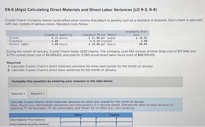 E9-6 (Algo) Calculating Direct Materials and Direct Labor Variances [LO 9-3, 9-4]
Crystal Charm Company makes handcrafted silver charms that attach to jewelry such as a necklace or bracelet. Each charm is adorned
with two crystals of various colors. Standard costs follow:
Silver
Crystals
Direct labor
Standard Quantity
0.35 ounce
6.00
2.00 hours
Standard Price (Rate)
$31.00 per ounce
$0.50 crystal
$ 20.00 per hours
During the month of January, Crystal Charm made 1,620 charms. The company used 542 ounces of silver (total cost of $17,344) and
9,770 crystals (total cost of $4,689.60), and paid for 3,390 actual direct labor hours (cost of $66,105.00).
Complete this question by entering your answers in the tabs below.
Required:
1. Calculate Crystal Charm's direct materials variances for silver and crystals for the month of January.
2. Calculate Crystal Charm's direct labor variances for the month of January.
Direct Material Price Variance
Direct Material Quantity Variance
Standard Unit
Cost
Silver
$10.85
3.00
40.00
Required 1 Required 2
Calculate Crystal Charm's direct materials variances for silver and crystals for the month of January.
Note: Round your intermediate calculations and final answers to 2 decimal places. Indicate the effect of each variance by
selecting "F" for favorable, "U" for unfavorable, and "None" for no effect (l.e., zero variance).
Crystals