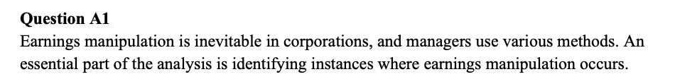 Question A1
Earnings manipulation is inevitable in corporations, and managers use various methods. An
essential part of the analysis is identifying instances where earnings manipulation occurs.