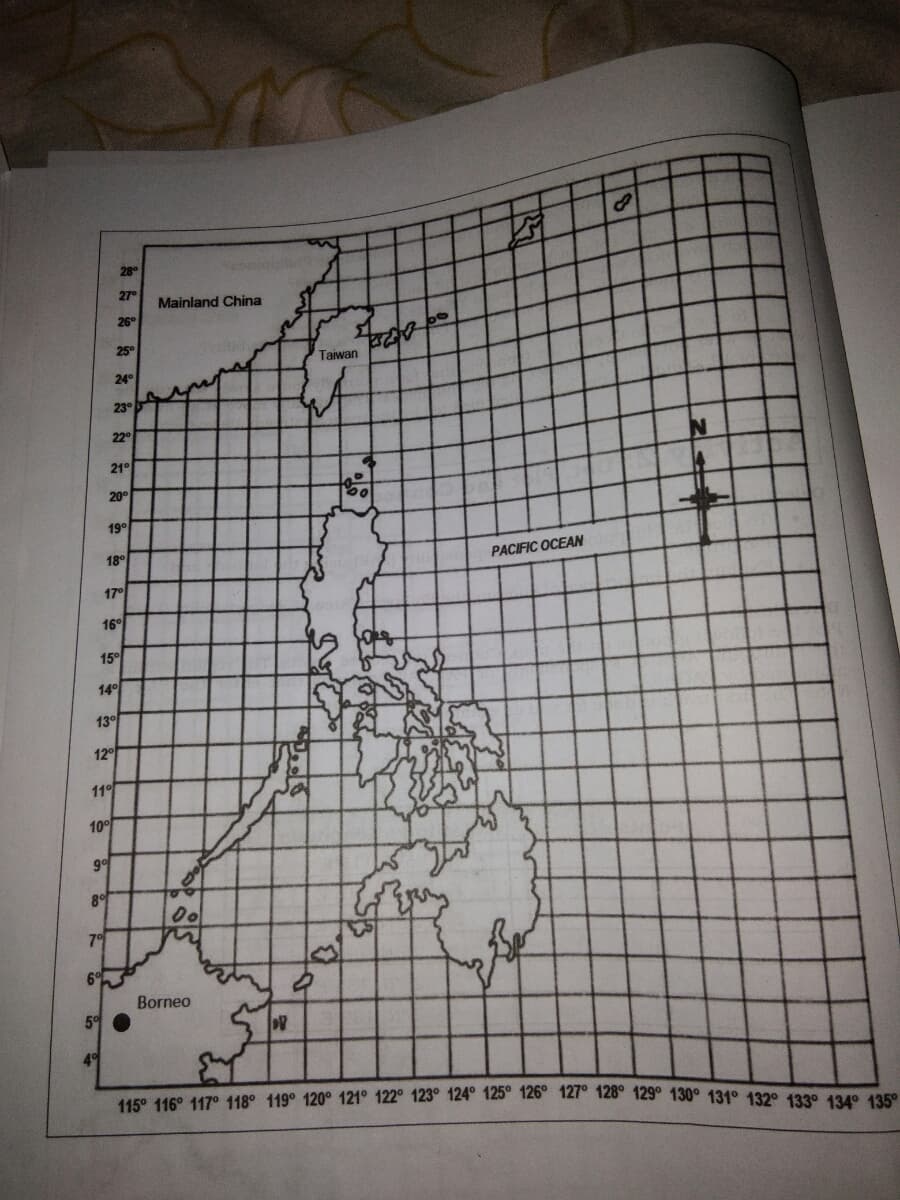 28°
27
Mainland China
26°
25°
Taiwan
24°
23
22
21°
19°
18
PACIFIC OCEAN
17°
16°
15°
14°
130
12
11°
100
8°
7
6°
Borneo
50
4°
115° 116° 117° 118° 119° 120° 121° 122° 123° 124° 125° 126° 127 128° 129° 130° 131° 132° 1339o 1349 435°
6PM
