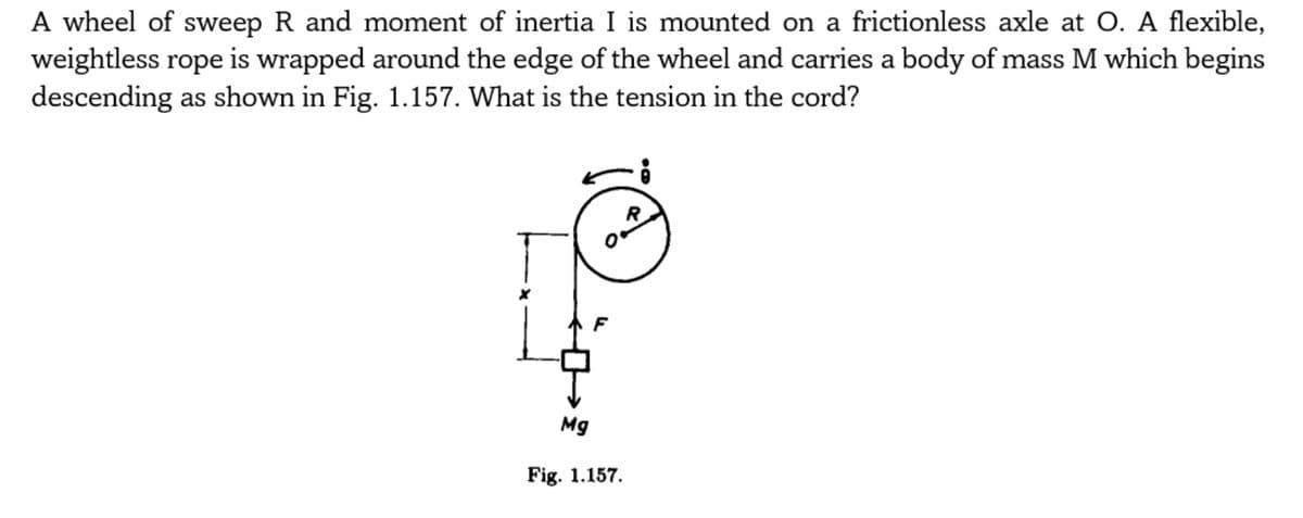 A wheel of sweep R and moment of inertia I is mounted on a frictionless axle at O. A flexible,
weightless rope is wrapped around the edge of the wheel and carries a body of mass M which begins
descending as shown in Fig. 1.157. What is the tension in the cord?
Mg
Fig. 1.157.
